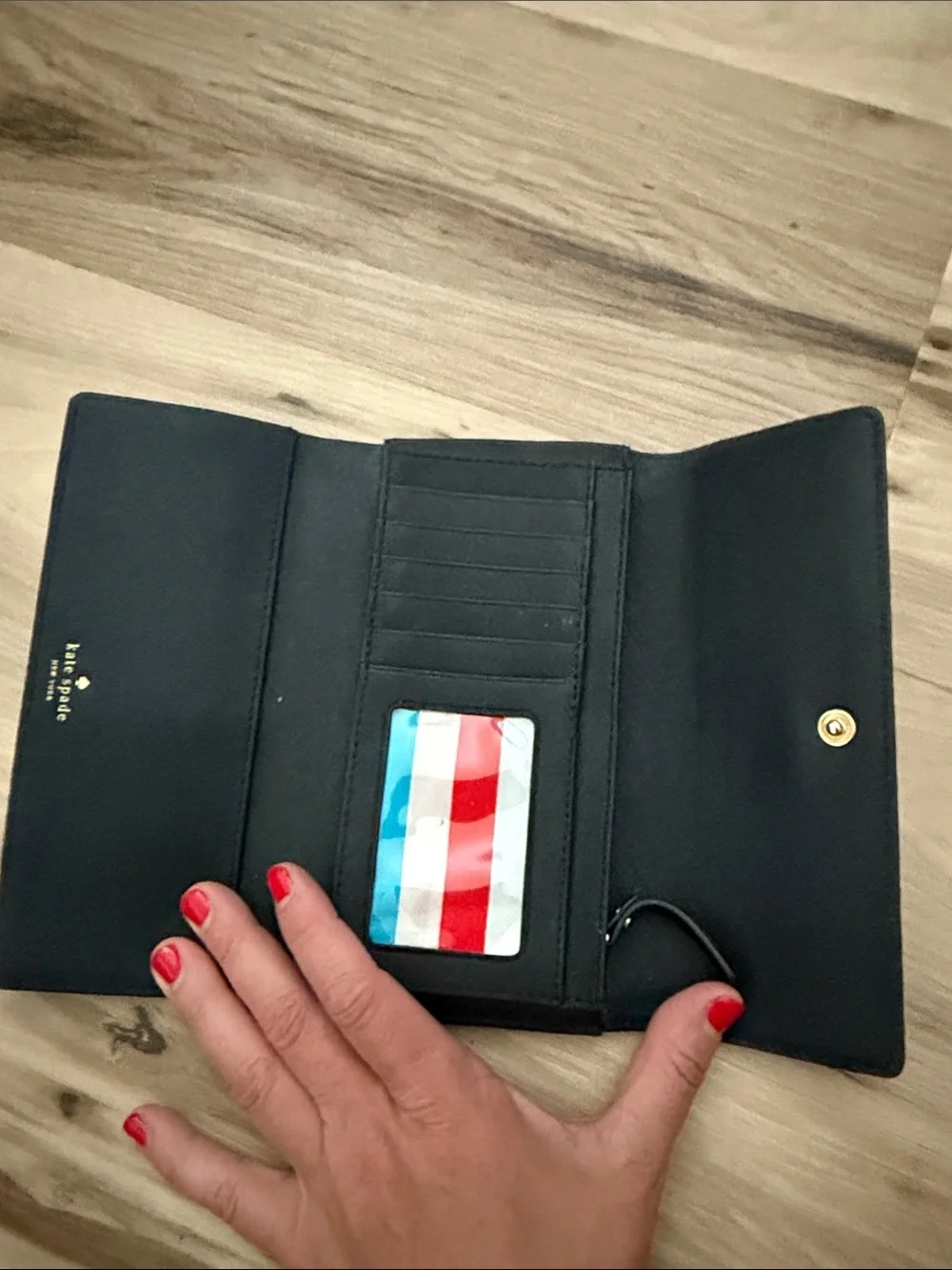 kate spade Black Saffiano Trifold Wallet with Gold Plaque